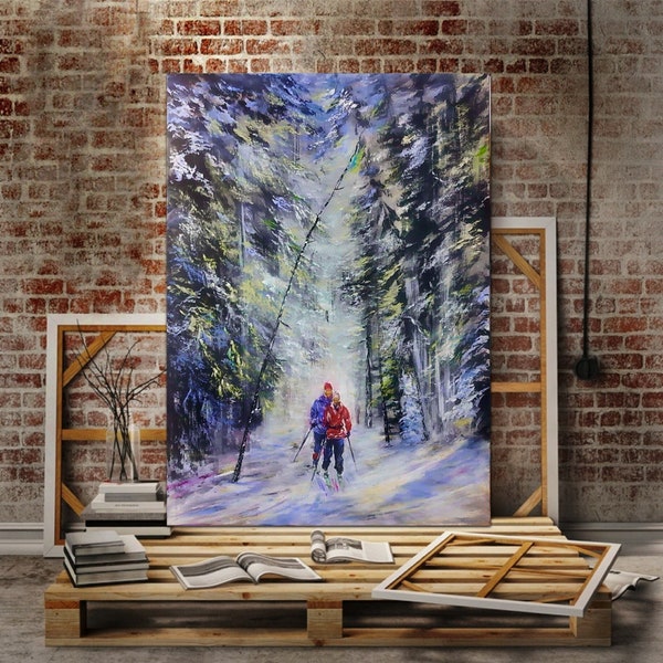 Peinture à l'huile faite main de couple faisant du ski, art mural aux couleurs de la forêt en hiver - Scène de paysage d'hiver par Volodymyr Myriyevskyy