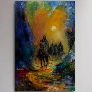 Original Oil Painting, The Four Horsemen, Dramatic Sunset Scene, Impressionist Style, on Canvas, 16&quot;x24&quot;