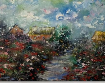 Country Cottage Landscape Wall Art Original Oil Painting Textured Rural Scene Fine Artwork Decor