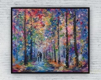 Autumn Park Oil Painting Original Fall Forest Painting Romantic Couple Wall Art Impressionistic Multicolored Trees Art Bright Joyful Decor