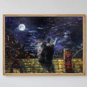 Romantisches Paar auf dem Dach des alten Gebäudes Gemälde Druck, Geschenk Kunstdruck für das Haus einer glücklichen Familie, extra große Wand Kunst Gemälde
