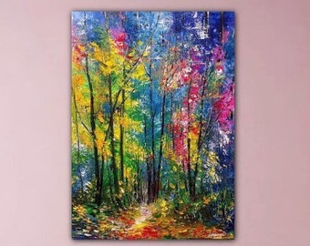 Original Forest Oil Painting on Canvas Modern Golden Autumn Wall Art Colorful Autumn Forest Painting Forest Artwork Nature Decor