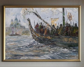 Seascape Oil Painting, Original Old Ship of Ancient Kyivan Rus Floats Along The Dnipro, Epic Scene Past Centuries of Mighty Warriors