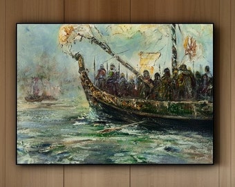 Old boat of Ancient Kyivan Rus floats along the Dnipro, Epic scene of past centuries, Majestic picture of mighty warriors of the times