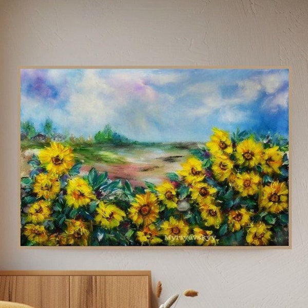 Origineel zonnebloemenveldolieverfschilderij in de stijl van Van Gogh, visuele inspiratie van een prachtig landschap met zonnebloemen, lucht en wolkenkunst