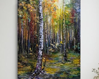 Berkenbos olieverfschilderij origineel canvas impressionistisch paletmes getextureerde muurkunst landschapsdecor