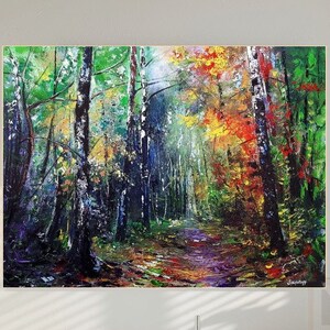 オリジナルのカラフルな森の小道の油絵、キャンバスに描かれた黄色と緑