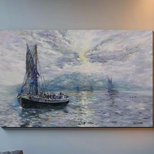 Fishing Boat Oil Painting: Misty Seascape Wall Art (20&#39;&#39; x 32&#39;&#39;)