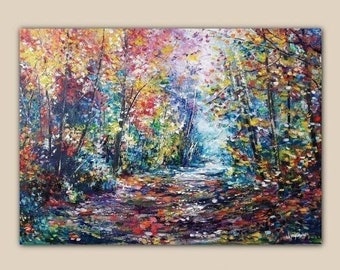 Autumn Forest Painting Original Landscape Painting Panoramic Forest Landscape Oil Painting Wild Forest Road Painting Colorful Artwork