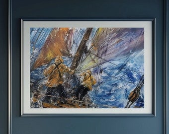 Seascape Oil Painting, Original Old Ship In Stormy Weather, Closeup of Two Men Painting, Rough Waves and Wind Fantasy Art With Palette Knife