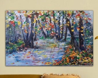 Autumn Road Painting Original Landscape Painting Trees Autumn Beauty Palette Knife Yellow Falling Leaves Impressionistic Oil Painting