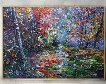 Vibrant colorful forest scene with trees in full bloom, impressionist painting of enchanted forest with colourful leaves, palette knife art