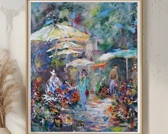 Market Square Painting, Original Cityscape Art, Colorful Impressionist Landscape, Expressionist Figuration Art, Flower Market Atmosphere