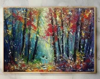 Little angels, original artwork, abstract oil painting of forest, trees, fairy lights, autumn colors, beautiful impressionism fantasy scene