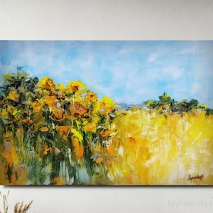 Sunflower Painting, Abstract ImpressionistArt, Golden Sunflower Field Wall Art, Original Artwork, Yellow Flowers, Sunny Art, Textured Decor