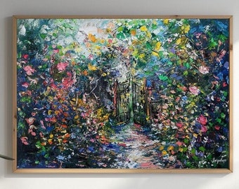 Vibrant Garden Oil Painting Filled With Blooming Flowers And Lush Greenery, Garden With Old Wooden Fence Covered In Wildflowers, Nature Art