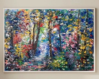 Impressionist Forest Landscape Oil Painting Original Modern Scenery Painting Wild Forest Flowers Wall Art Painting Nature Home Decor