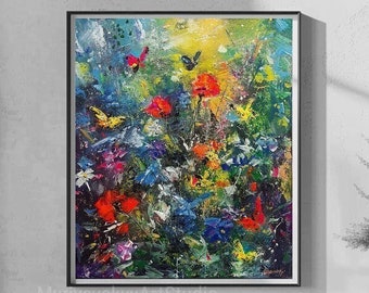 Abstract Painting, Wildflowers Butterflies In Impressionist Style, Inspired By Monet, Bright Colors Flowers, Beautiful Shapes, Clear Lines