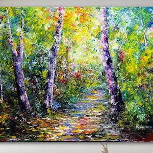 Peinture à l&#39;huile texturée de bouleau : Art paysager de chemin forestier | Illustrations originales par Volodymyr Myriyevskyy