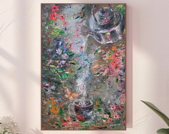 Original Tea Kettle Painting, Flowers and Butterflies Painting, Old ...