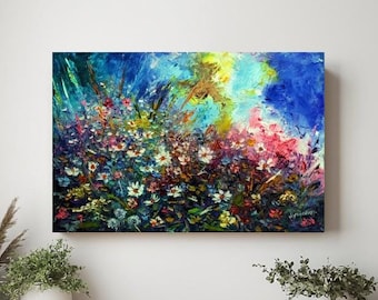 Wildblumen Wiese Blumen Feld, Original Ölgemälde, impressionistische Blumen Leinwand Dekor