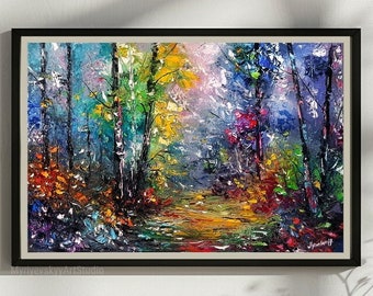 Impressionist Painting Of Enchanted Forest With Colorful Flowers And Trees, Path Ieading Through Woods, Painting Forest With Vibrant Colors