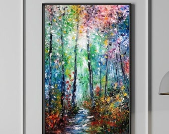 Forest landscape on canvas, in the style of vibrant palette knife, forest with a path of colorful trees, intense colors of nature, original