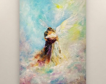 Dipinto di un angelo cristiano, arte religiosa e spirituale, Tra le braccia di un angelo, dipinto ad olio originale, arte murale del paradiso, decorazione cristiana per la casa