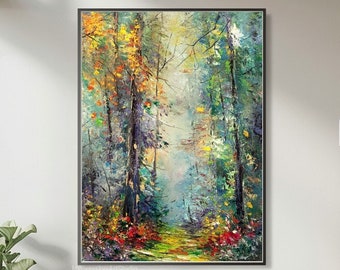 Enchanted forest Oil Painting, Rainbow Colors, Flowers And Trees, Light Misty Forest Path, Original Abstract Forest In Impressionist Style