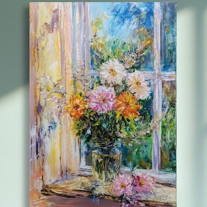 Monet inspiriertes Ölgemälde: Impressionistische Blumen in Vase