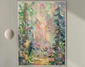 Fairies Painting, Two Little Fairies Art, Abstract Impressionistic Forest, Tall Trees and Colorful Flowers Wall Art, Soft Pastel Color Art