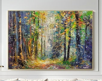 Oil Painting on Canvas of Magical Forest, Original Fantasy Landscape, Sunny Day, Beautiful Trees, Deep Colors, Mysterious Atmosphere