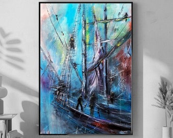 Original Abstract Painting, Old Sailing Ship With Large Masts, Seascape Art, Fantasy Sea Setting, Mens Climbing Up Mast On Old Ship Painting