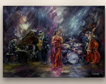 Jazz Band Original Oil Painting, Live Jazz Concert Wall Art, Abstract Impressionist Music Art, Jazz Musicians on Stage, Living Room Decor