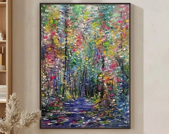 Shady Path in Green Forest Oil Painting, Colorful Forest Path, Palette Knife Painting, Wide Brush Strokes, Expressionist Art Style.