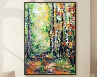 Autumn landscape, original large canvas painting, forest and trees in fall color, painting nature in style of bright palette, light colorful