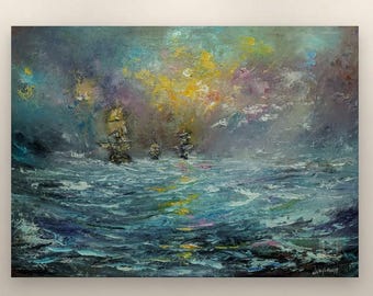 Cuadro al óleo de mar tempestuoso, veleros en océano agitado, arte mural dramático de paisaje marino, pintura marítima original sobre lienzo, regalo para él.