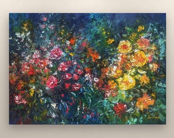 Abstract Flowers in Dark Garden, Original Abstract Red Flowers Oil Painting, Abstract Roses Oil Painting on Canvas, Golden Yellow Floral Art
