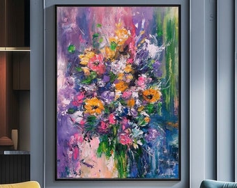 Abstract Oil Painting Of Flowers In Impressionist Style With A Colorful, Purple Background, Loose Brush Strokes And Palette Knife