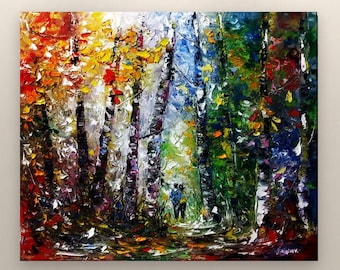 May include: An abstract oil painting of a forest scene. The artwork features a vibrant array of colours, including red, orange, yellow, green, and blue, depicting trees and foliage. Two figures are walking on a path.
