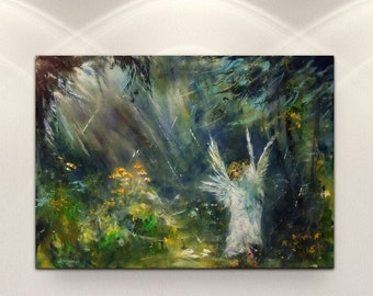 Original angels in paradise painting, Beautiful exquisite abstract art, Angels art lover gift, Exotic landscape wall decor