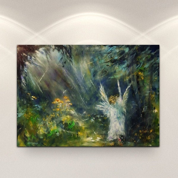 Peinture originale d'anges au paradis, bel art abstrait exquis, cadeau pour amateur d'art anges, décoration murale de paysage exotique