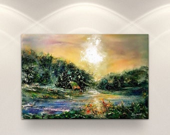 House Near River Painting. Oil Mountains Landscape Painting. Original Artwork  Mountain Cabin Decor. Sunrise in Mountains Art