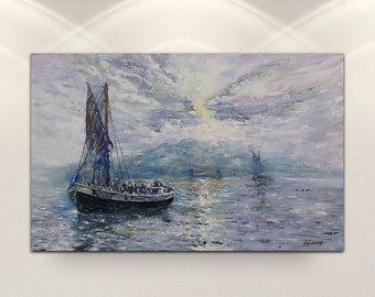 Magical Seascape Painting on Canvas, Sailing Ship in the Fog Painting, Original Painting, Impressionist Art, Ship Fantasy Wall Art