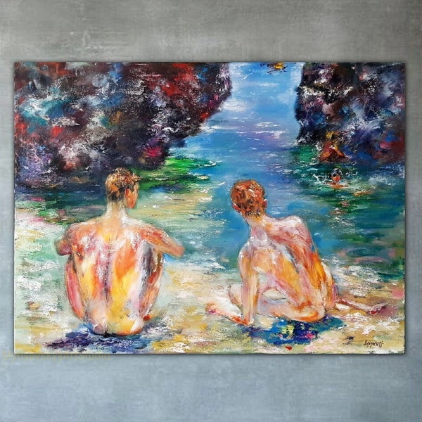 Männlicher Akt Ölgemälde Original Badegäste Gemälde auf Leinwand Schwule Kunst Küstengemälde Henry Scott Tuke inspiriertes Gemälde Skinny Dipping am Strand