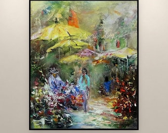 Barcelona Blumenmarkt Ölgemälde, original impressionistische Stadtansicht gelbe Regenschirme Straßenszene Wandkunst