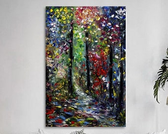 Colorful Forest in Summer Painting on Canvas, Colorful Forest Shadows Art, Original Forest Path Art Decor, Trees Shadows Painting