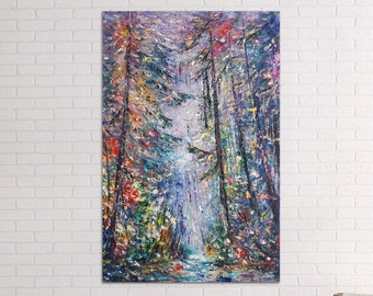 Original painting of a bright autumn forest with a palette knife and oil paints on canvas, Beautiful forest art, Landscape wall decor