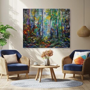 Puede incluir: Una pintura que representa una escena de bosque con &aacute;rboles altos y un camino que conduce hacia el bosque. Los &aacute;rboles est&aacute;n pintados en tonos de verde, azul y amarillo, y el camino es de color marr&oacute;n rojizo. La pintura est&aacute; realizada en un estilo suelto e impresionista.