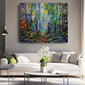 Puede incluir: Una pintura abstracta colorida de una escena de bosque con &aacute;rboles y follaje en tonos de azul, verde, amarillo y rojo. La pintura tiene un efecto texturizado, de pinceladas.